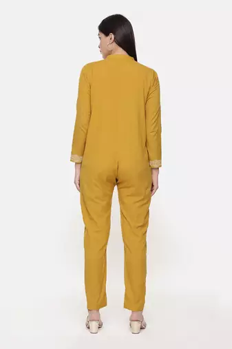 Mustard Cotton Embroidred Jumpsuit