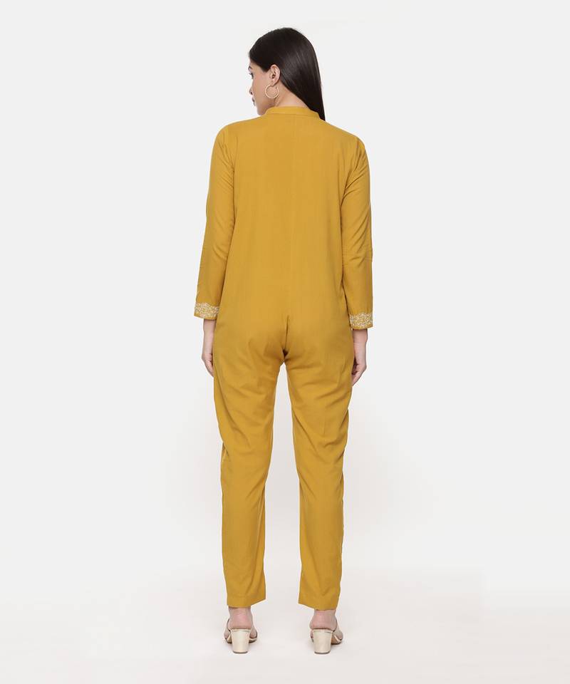 Mustard Cotton Embroidred Jumpsuit