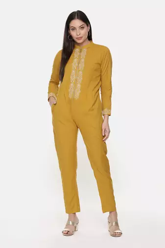 Mustard Cotton Embroidred Jumpsuit