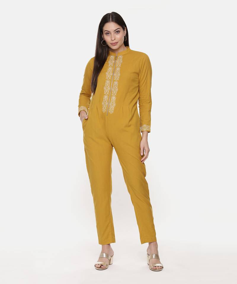 Mustard Cotton Embroidred Jumpsuit