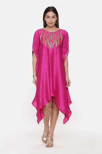Silk Slub Hand Embroidred Fuscia Dress