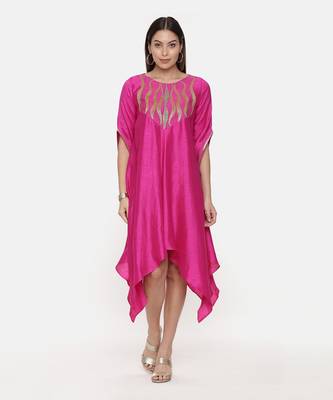 Silk Slub Hand Embroidred Fuscia Dress 1
