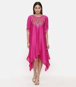 Silk Slub Hand Embroidred Fuscia Dress