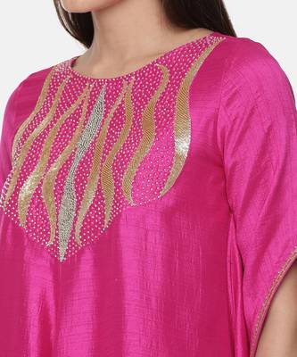 Silk Slub Hand Embroidred Fuscia Dress 2