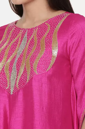 Silk Slub Hand Embroidred Fuscia Dress