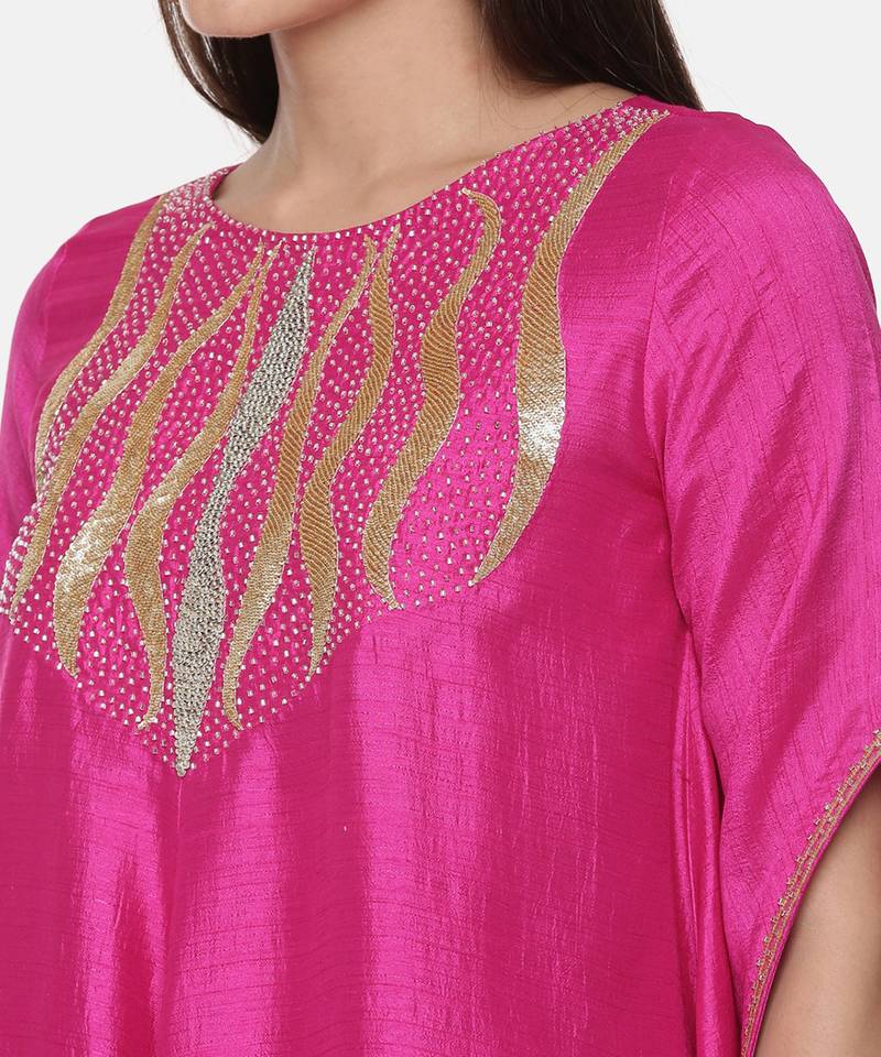 Silk Slub Hand Embroidred Fuscia Dress
