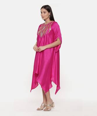 Silk Slub Hand Embroidred Fuscia Dress 3