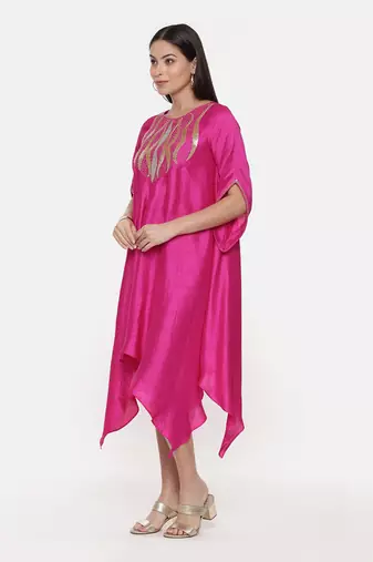 Silk Slub Hand Embroidred Fuscia Dress