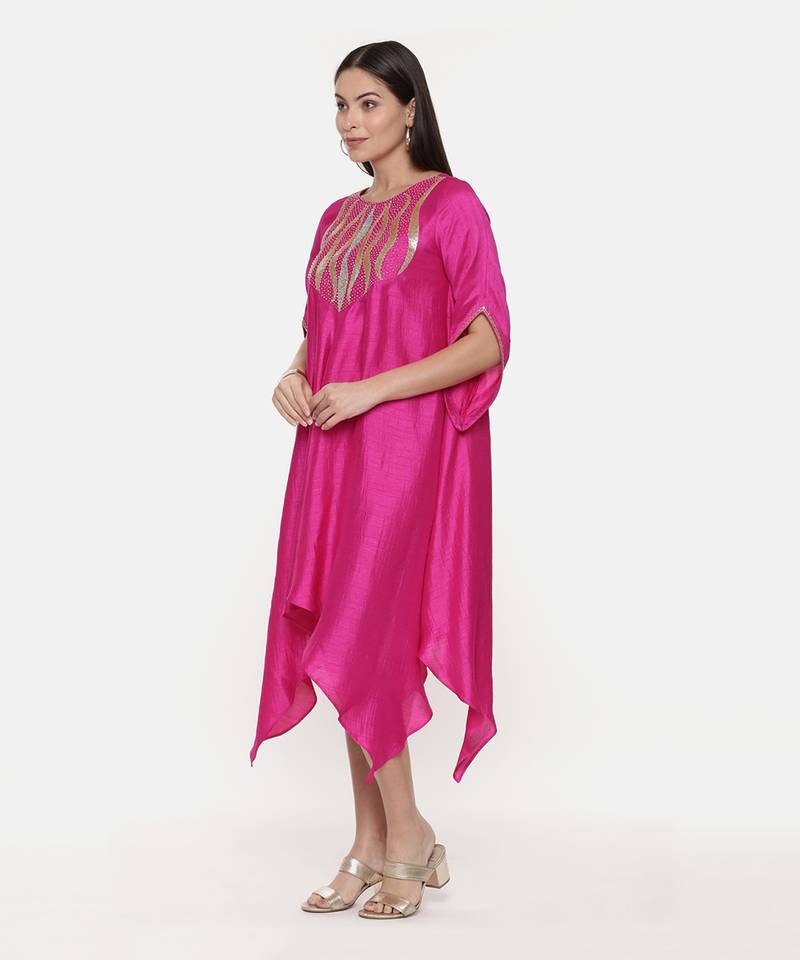 Silk Slub Hand Embroidred Fuscia Dress