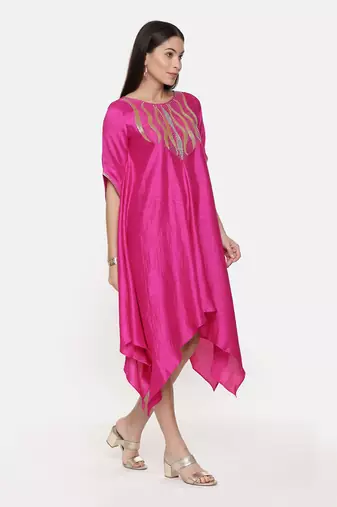 Silk Slub Hand Embroidred Fuscia Dress