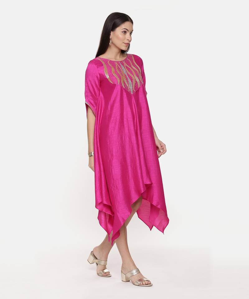 Silk Slub Hand Embroidred Fuscia Dress