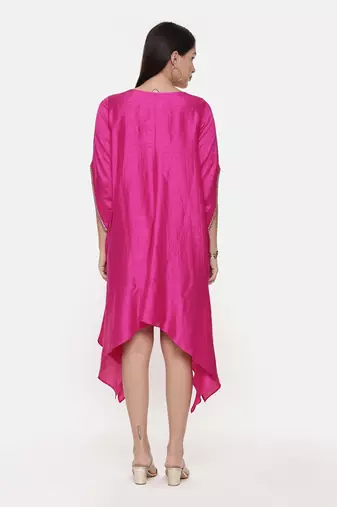 Silk Slub Hand Embroidred Fuscia Dress
