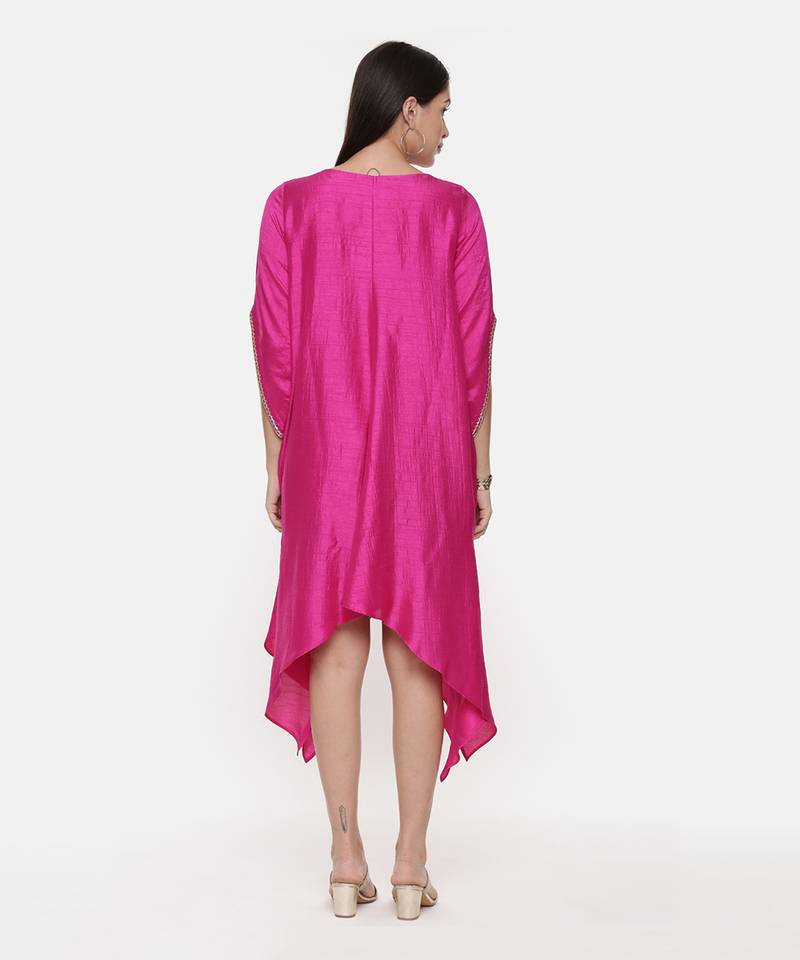 Silk Slub Hand Embroidred Fuscia Dress