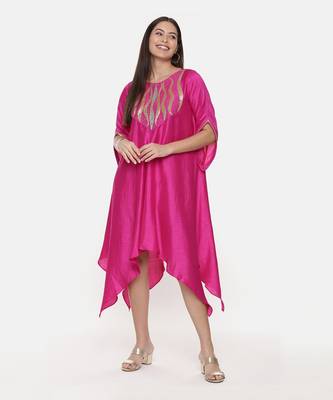 Silk Slub Hand Embroidred Fuscia Dress 6