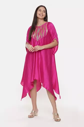 Silk Slub Hand Embroidred Fuscia Dress