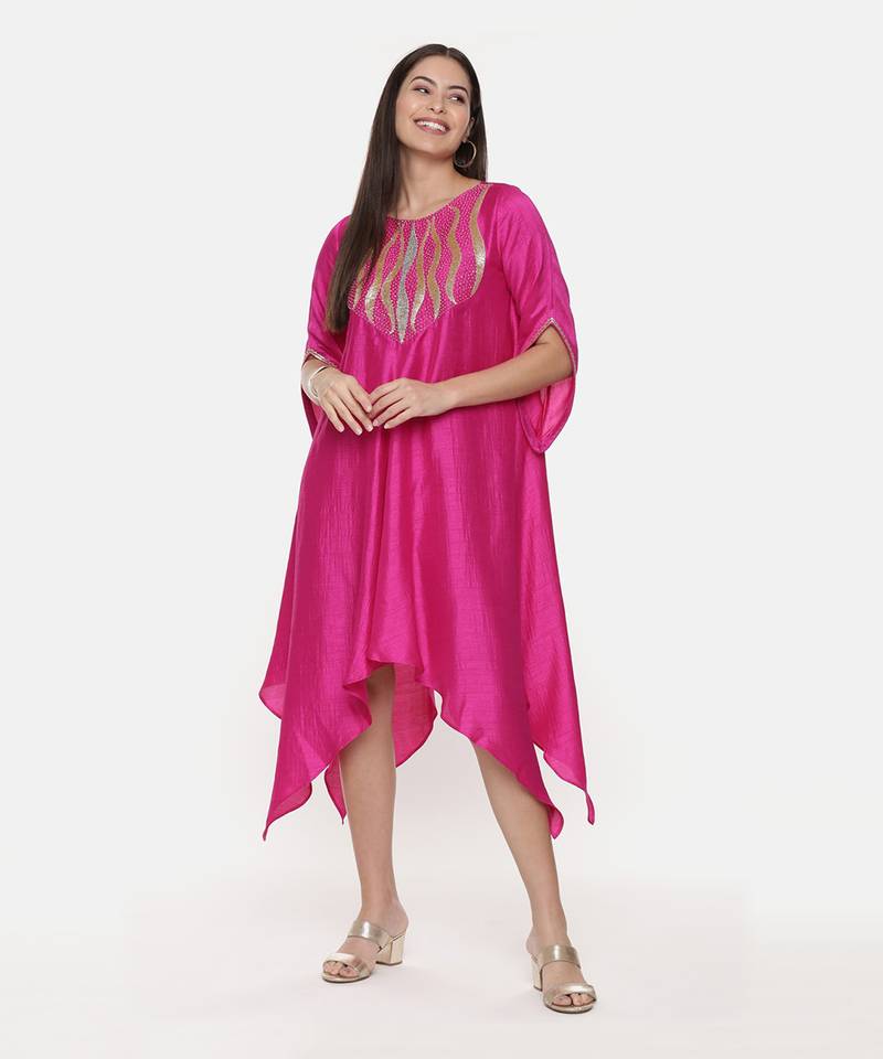 Silk Slub Hand Embroidred Fuscia Dress