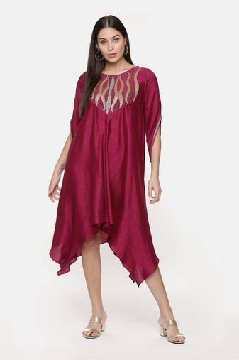 Silk Slub Hand Embroidred Wine Dress