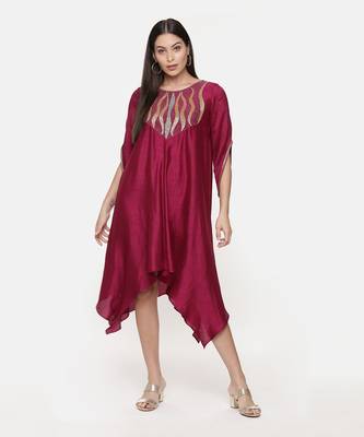 Silk Slub Hand Embroidred Wine Dress 1