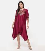 Silk Slub Hand Embroidred Wine Dress