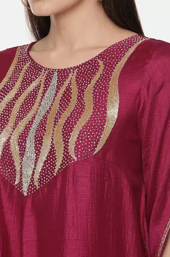 Silk Slub Hand Embroidred Wine Dress