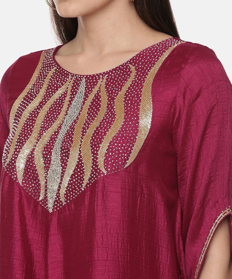 Silk Slub Hand Embroidred Wine Dress