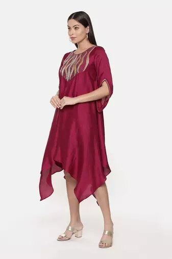 Silk Slub Hand Embroidred Wine Dress