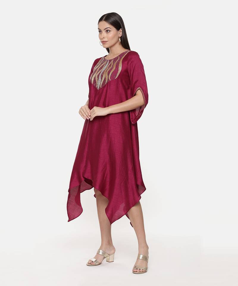 Silk Slub Hand Embroidred Wine Dress