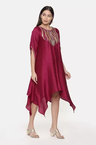 Silk Slub Hand Embroidred Wine Dress