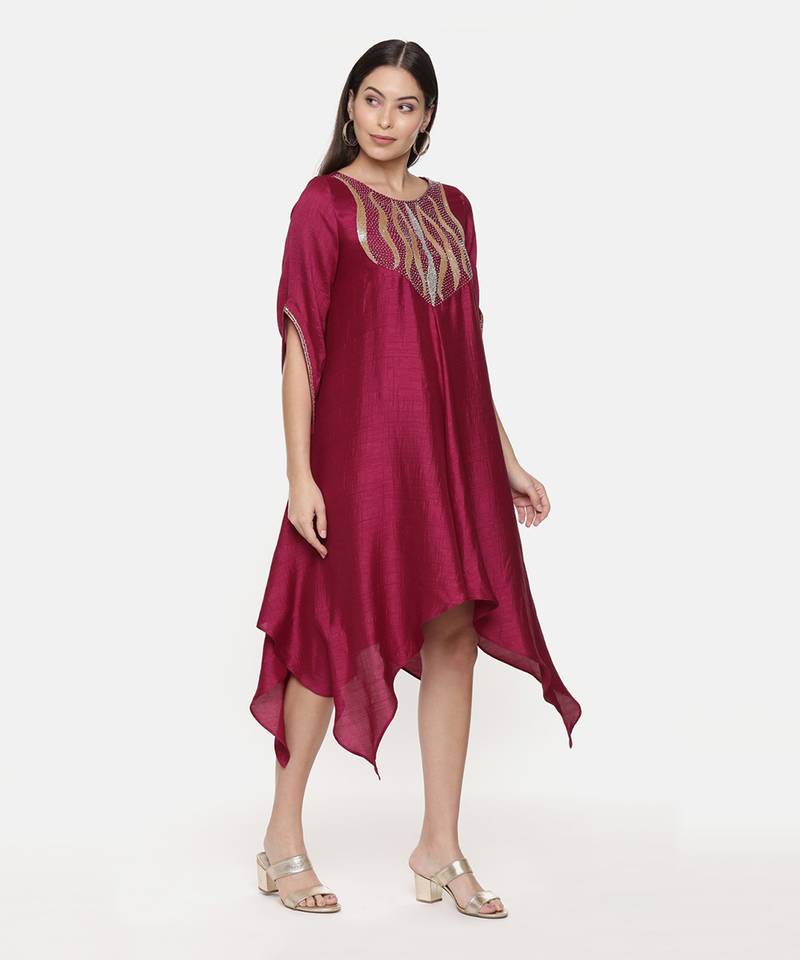 Silk Slub Hand Embroidred Wine Dress
