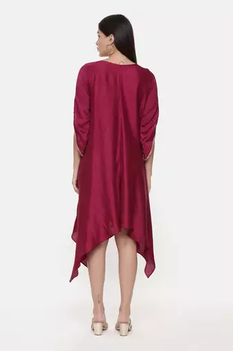Silk Slub Hand Embroidred Wine Dress