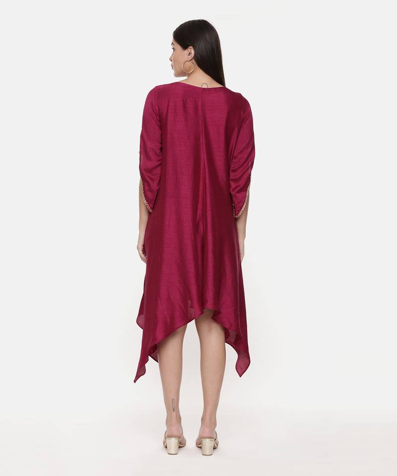 Silk Slub Hand Embroidred Wine Dress