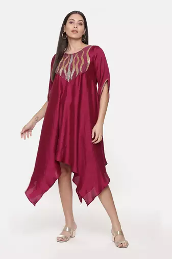 Silk Slub Hand Embroidred Wine Dress