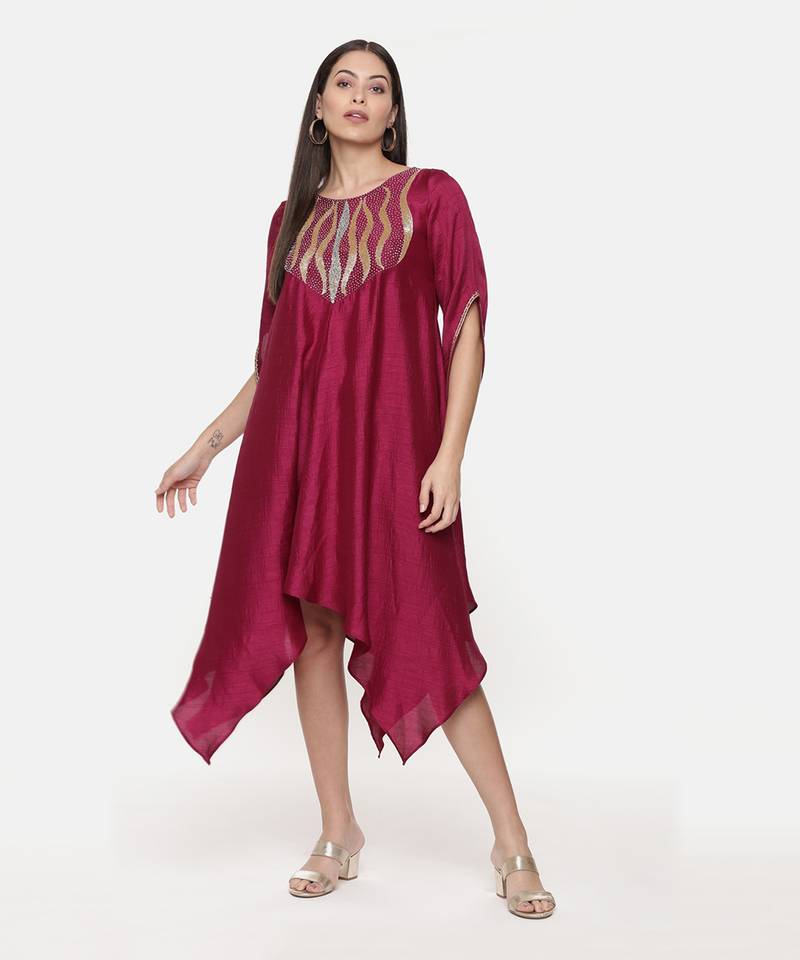 Silk Slub Hand Embroidred Wine Dress