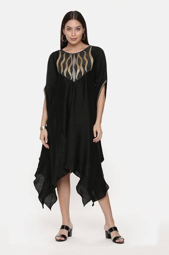 Silk Slub Hand Embroidred Black Dress