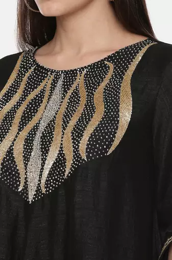 Silk Slub Hand Embroidred Black Dress