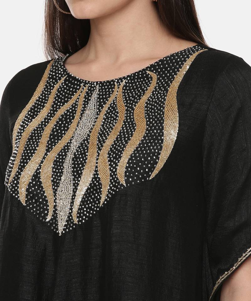 Silk Slub Hand Embroidred Black Dress