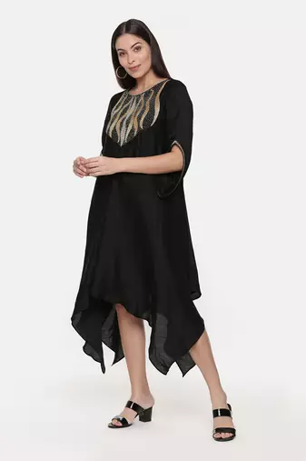 Silk Slub Hand Embroidred Black Dress
