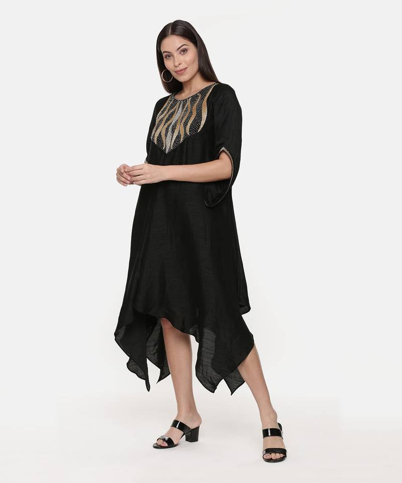 Silk Slub Hand Embroidred Black Dress