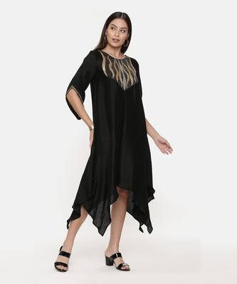 Silk Slub Hand Embroidred Black Dress 4