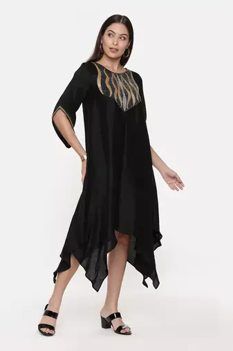 Silk Slub Hand Embroidred Black Dress