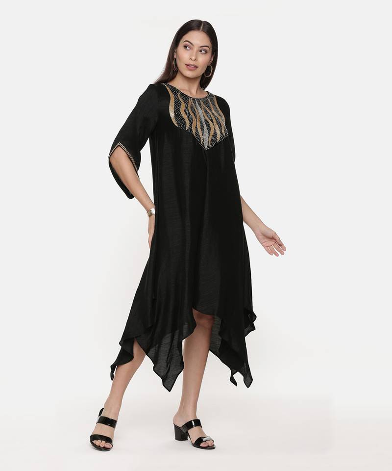 Silk Slub Hand Embroidred Black Dress