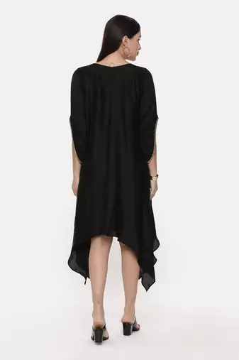 Silk Slub Hand Embroidred Black Dress