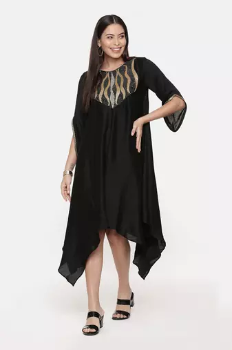 Silk Slub Hand Embroidred Black Dress