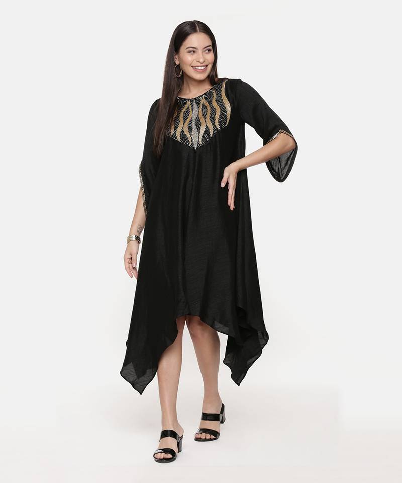 Silk Slub Hand Embroidred Black Dress