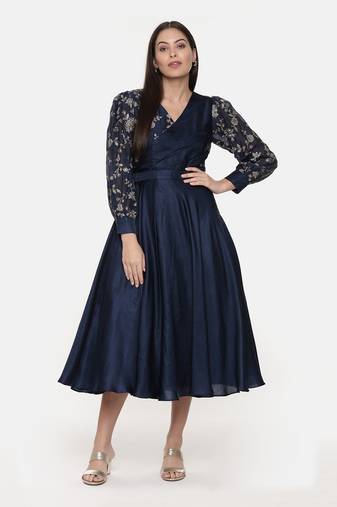 Blue Embroidred Chanderi Pleated Dress