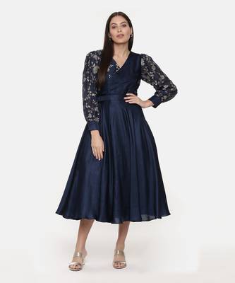 Blue Embroidred Chanderi Pleated Dress 1