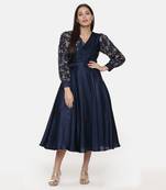 Blue Embroidred Chanderi Pleated Dress