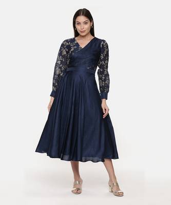 Blue Embroidred Chanderi Pleated Dress 2