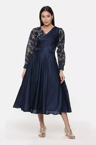 Blue Embroidred Chanderi Pleated Dress