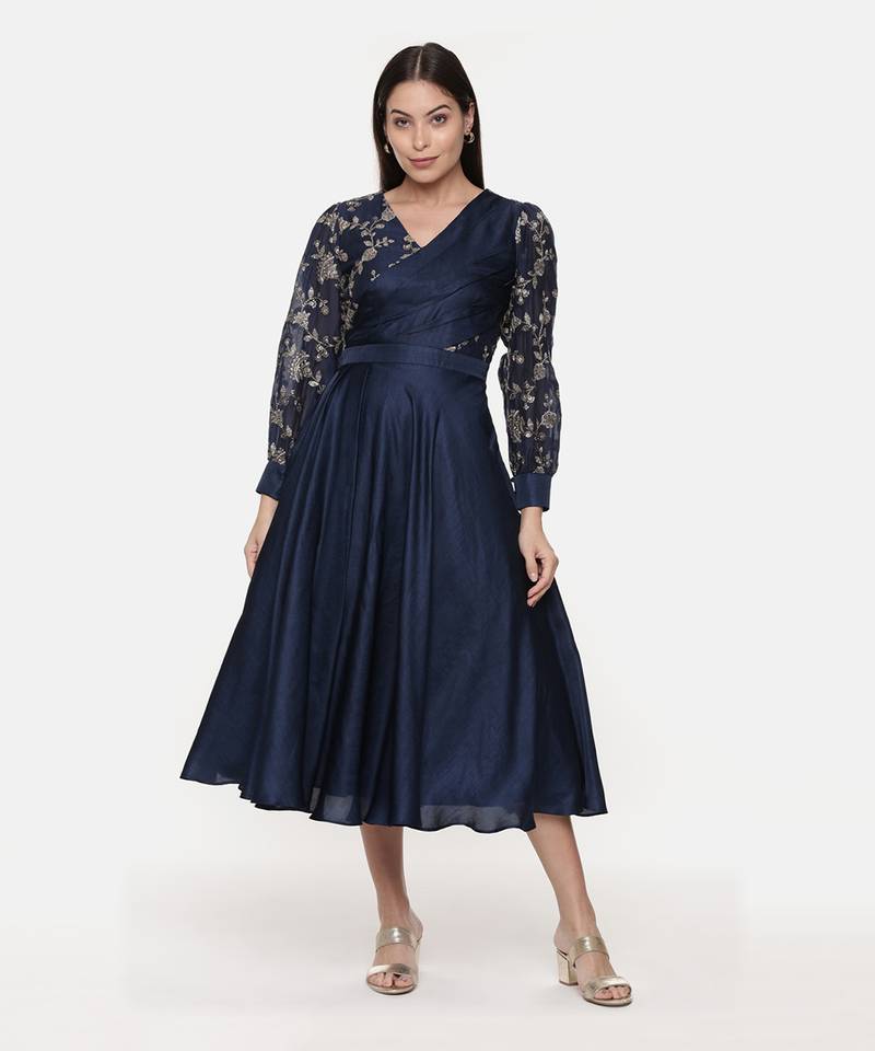 Blue Embroidred Chanderi Pleated Dress